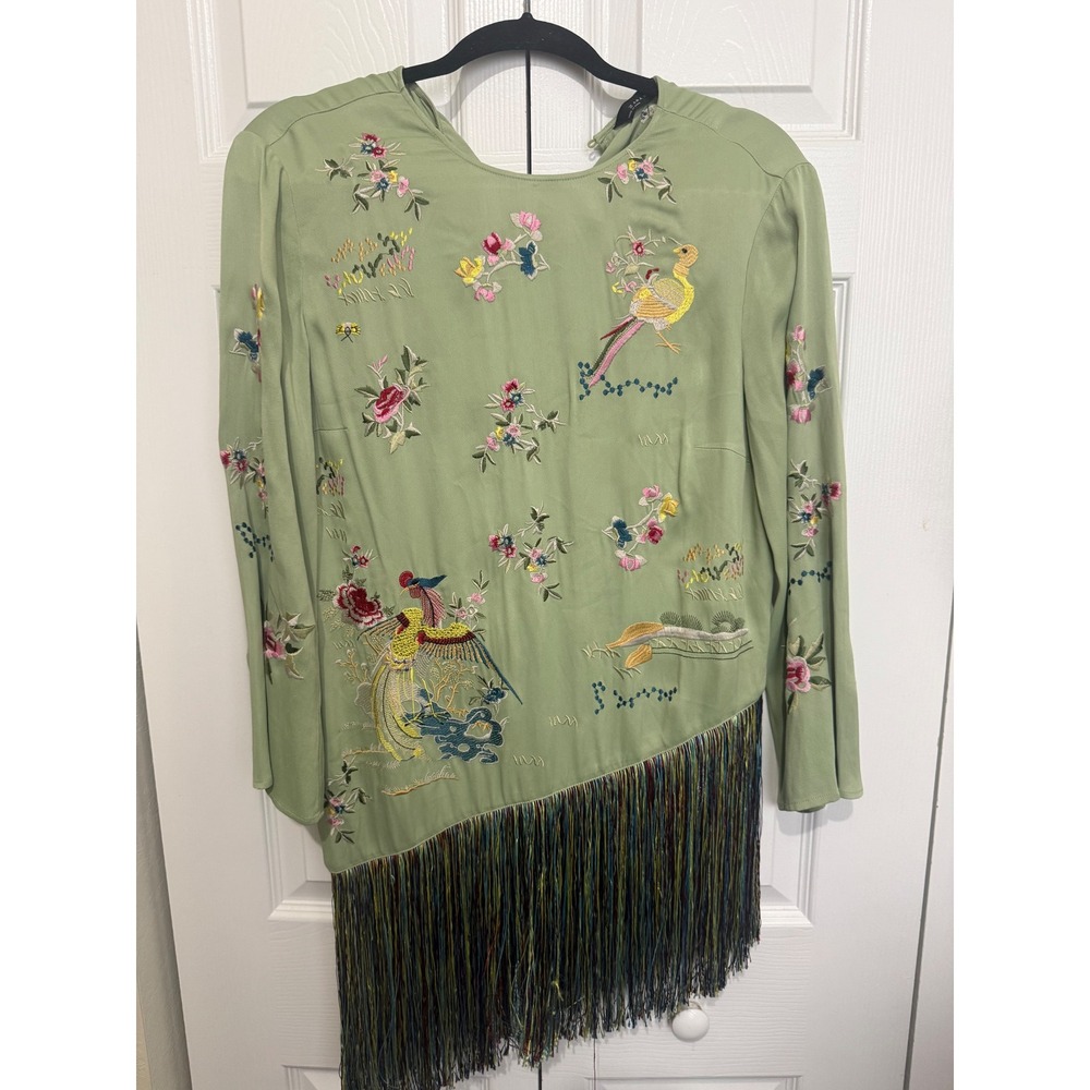 Zara Woman Sage Green Embroidered Bird Floral Fringe Asymmetrical Blouse XS